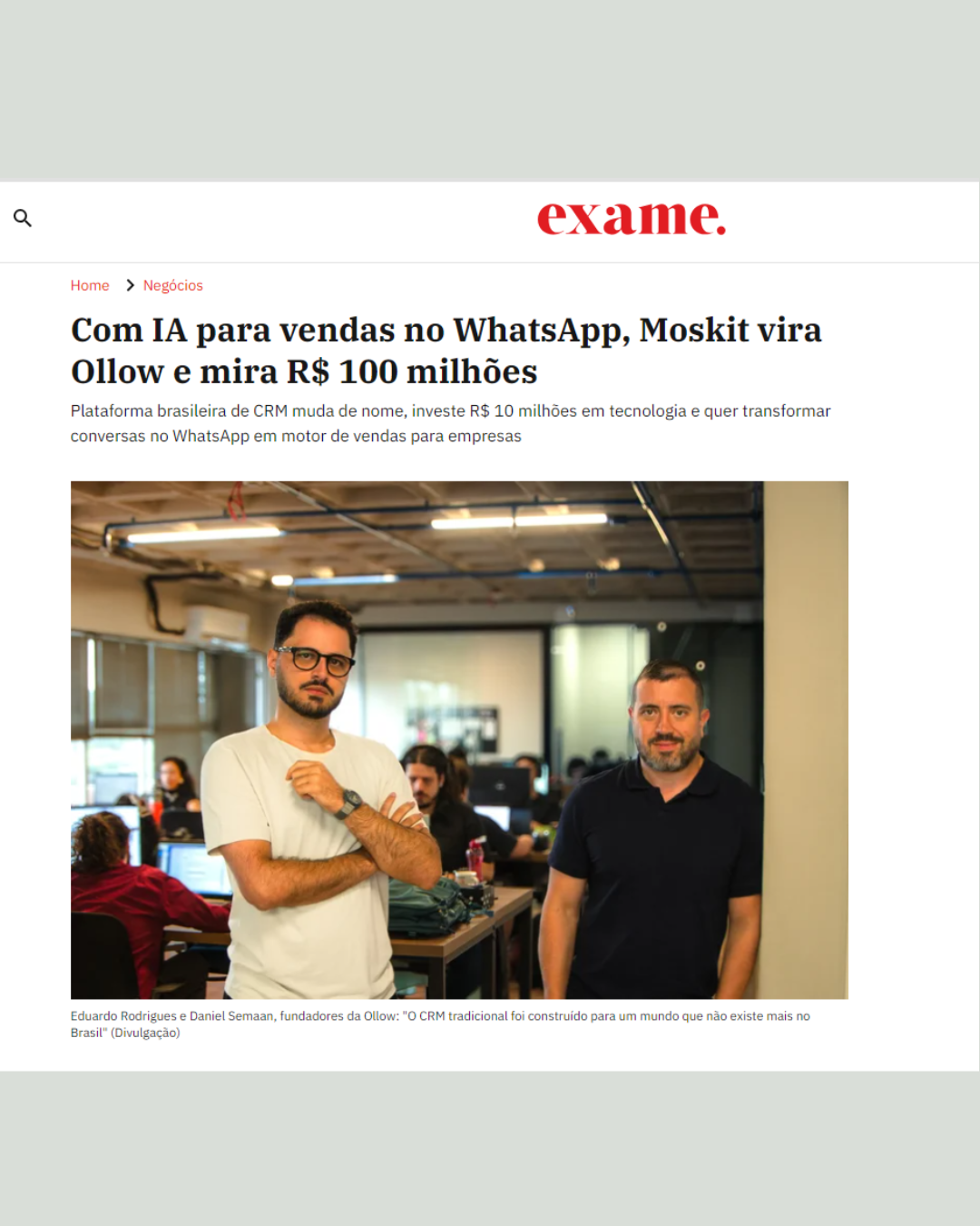 Matéria da Exame sobre a Ollow